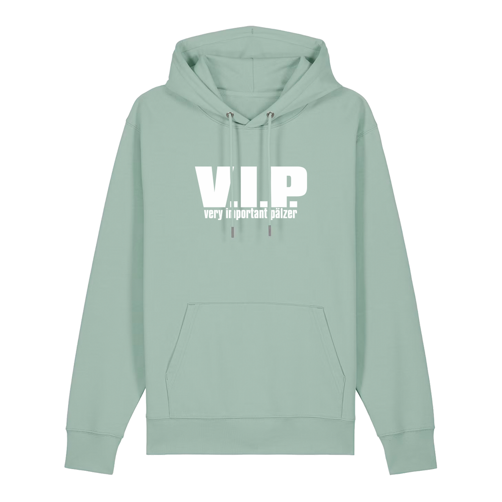 Hoodie in aloe mit weißem Aufdruck "VIP – Very important Pälzer". 