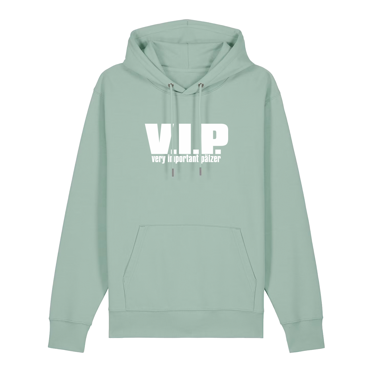 Hoodie in aloe mit weißem Aufdruck "VIP – Very important Pälzer". 