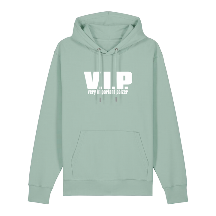 Hoodie in aloe mit weißem Aufdruck "VIP – Very important Pälzer". 