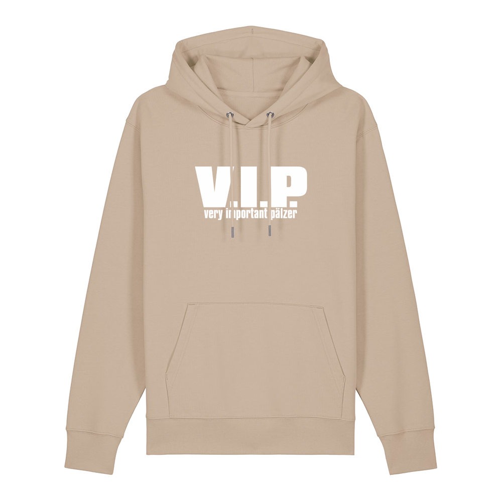 Hoodie in beige mit weißem Aufdruck "VIP – Very important Pälzer". 