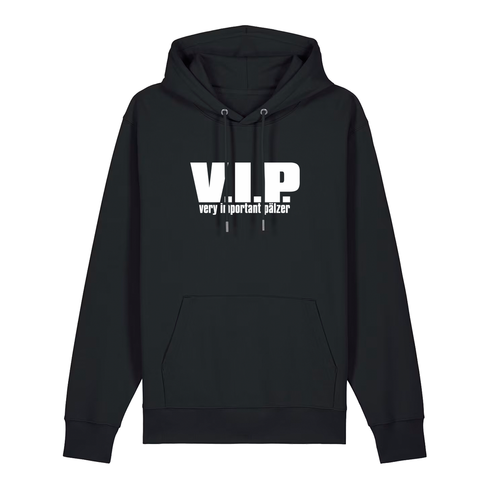 Hoodie in schwarz mit weißem Aufdruck "VIP – Very important Pälzer". 