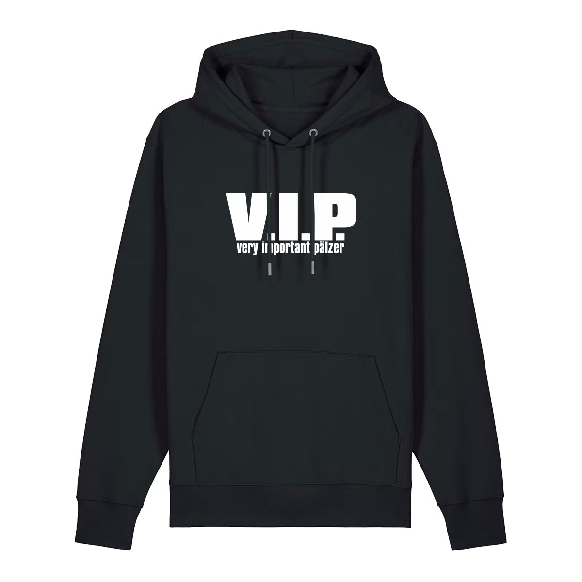 Hoodie in schwarz mit weißem Aufdruck "VIP – Very important Pälzer". 