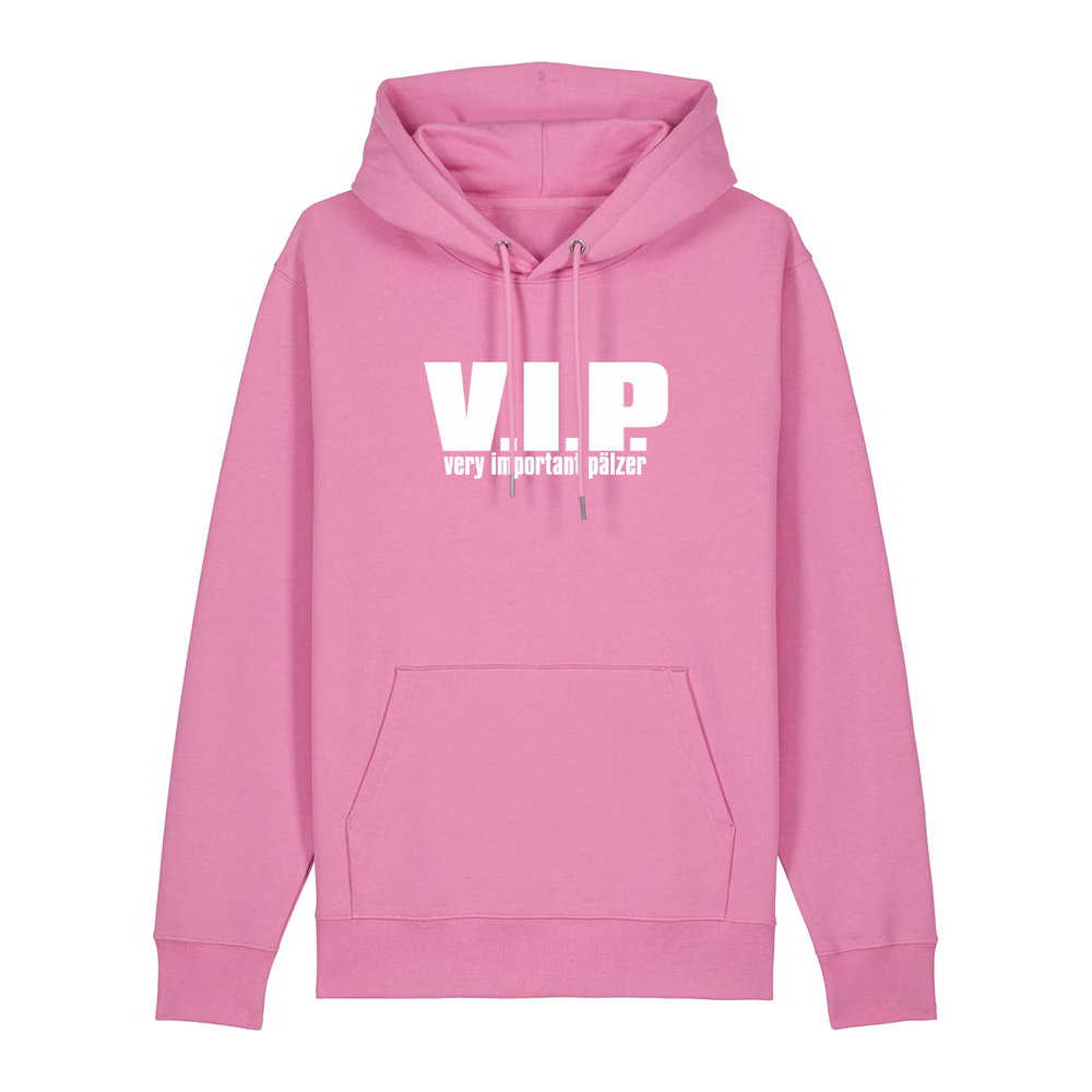 Hoodie in bubbelpink mit weißem Aufdruck "VIP – Very important Pälzer". 