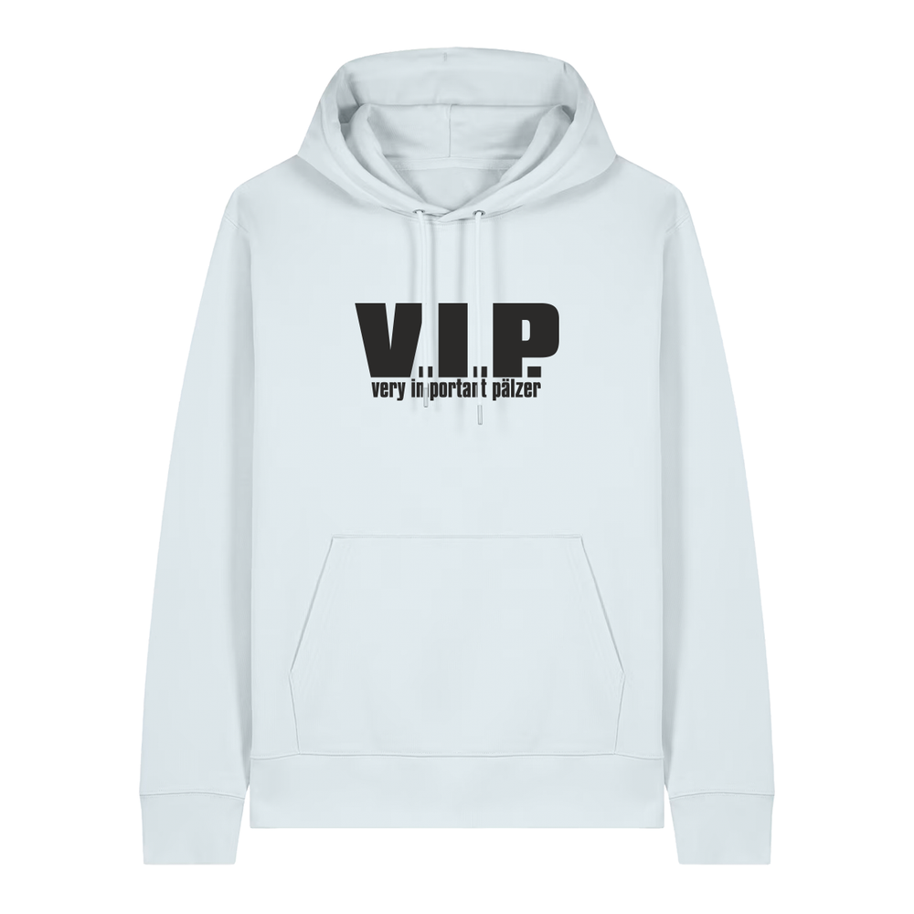 Hoodie in eisblau mit schwarzem Aufdruck "VIP – Very important Pälzer". 