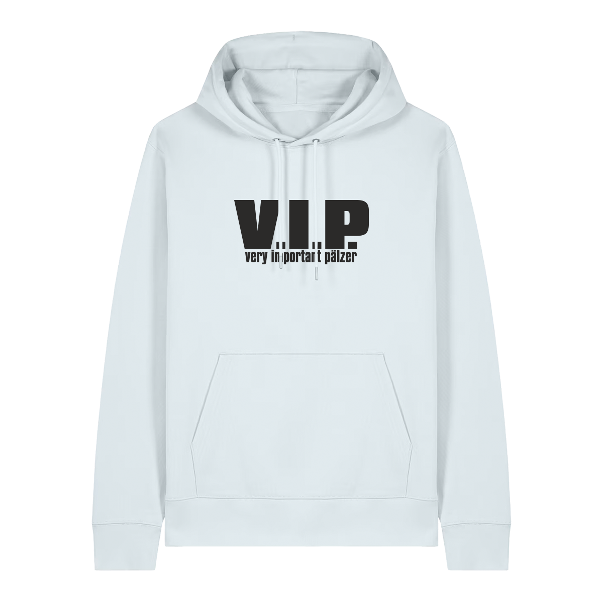 Hoodie in eisblau mit schwarzem Aufdruck "VIP – Very important Pälzer". 