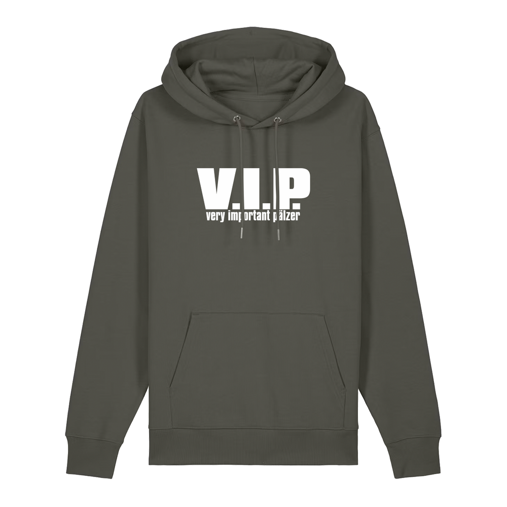 Hoodie in khaki mit weißem Aufdruck "VIP – Very important Pälzer". 