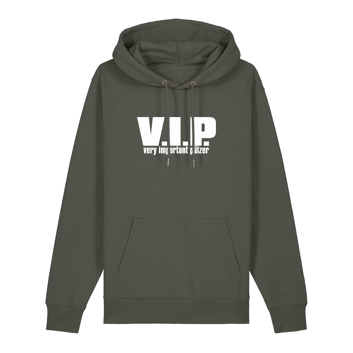 Hoodie in khaki mit weißem Aufdruck "VIP – Very important Pälzer". 