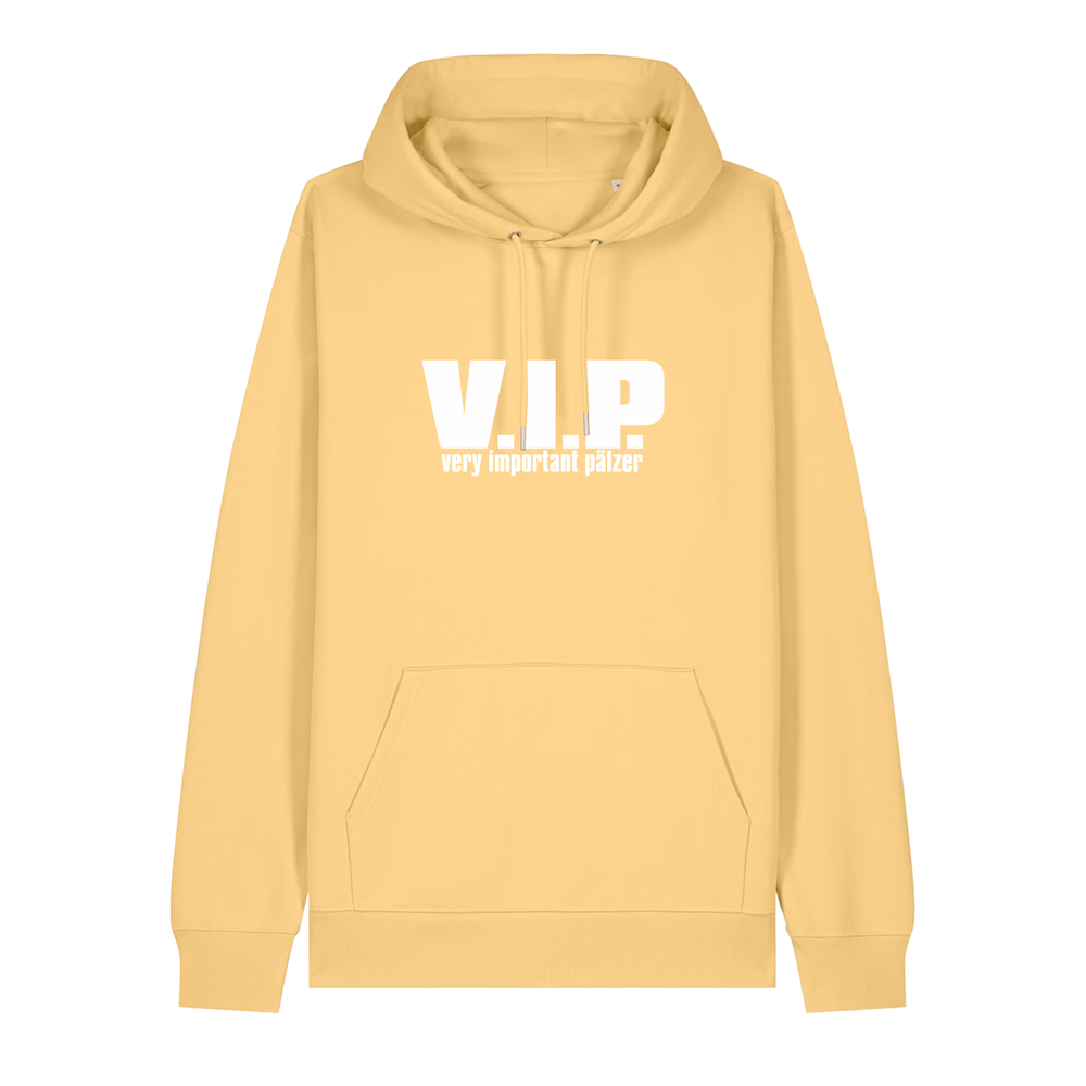 Hoodie in gelb mit weißem Aufdruck "VIP – Very important Pälzer". 