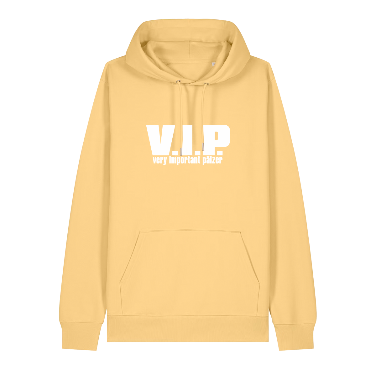 Hoodie in gelb mit weißem Aufdruck "VIP – Very important Pälzer". 