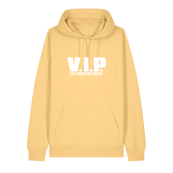 Hoodie in gelb mit weißem Aufdruck "VIP – Very important Pälzer". 