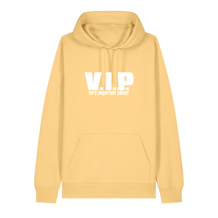 Hoodie in gelb mit weißem Aufdruck "VIP – Very important Pälzer". 