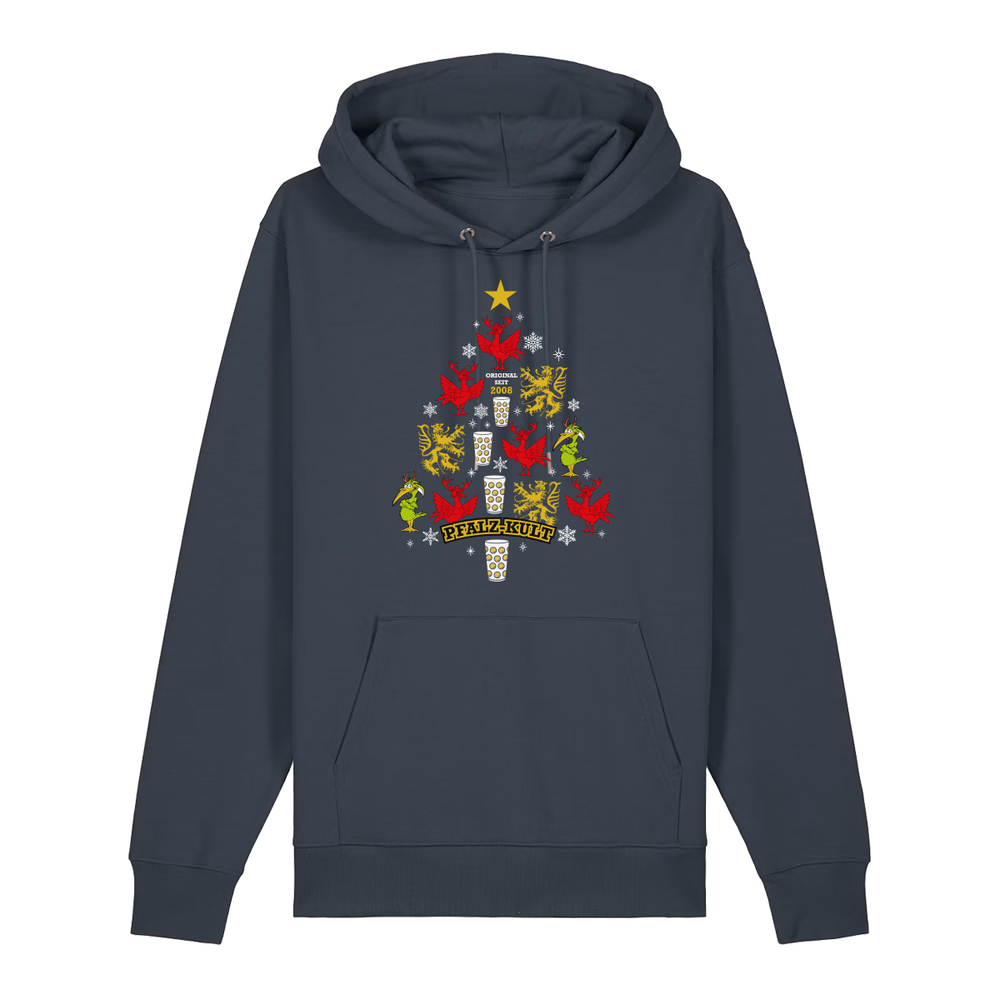 Dunkelgrauer Hoodie mit weihnachtlichem Pfalz-Kult Design in Baumform
