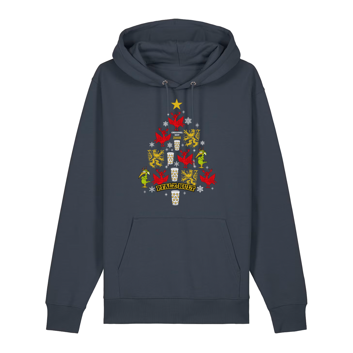 Dunkelgrauer Hoodie mit weihnachtlichem Pfalz-Kult Design in Baumform