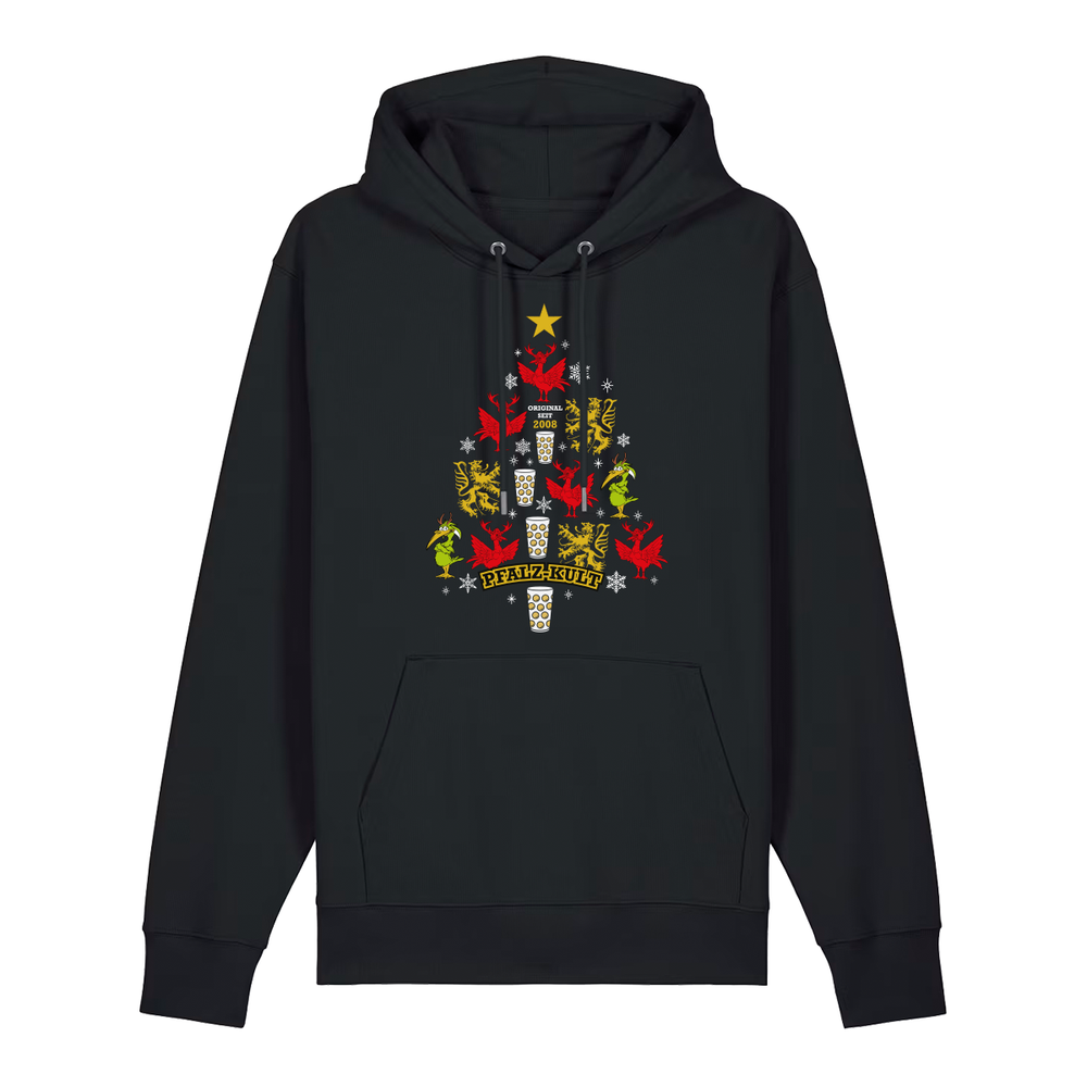 Schwarzer Hoodie mit weihnachtlichem Pfalz-Kult Design in Baumform