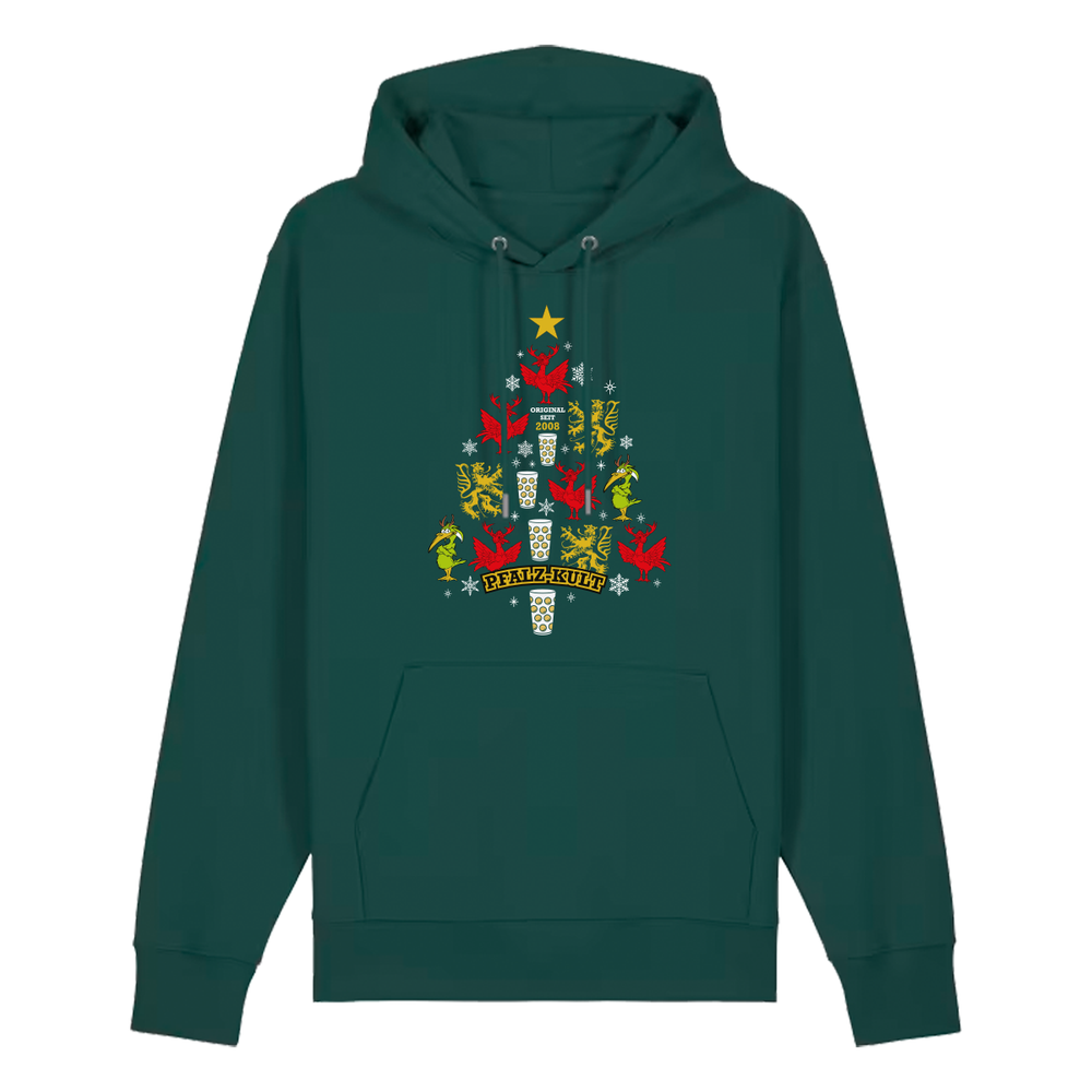 Dunkelgrüner Hoodie mit weihnachtlichem Pfalz-Kult Design in Baumform