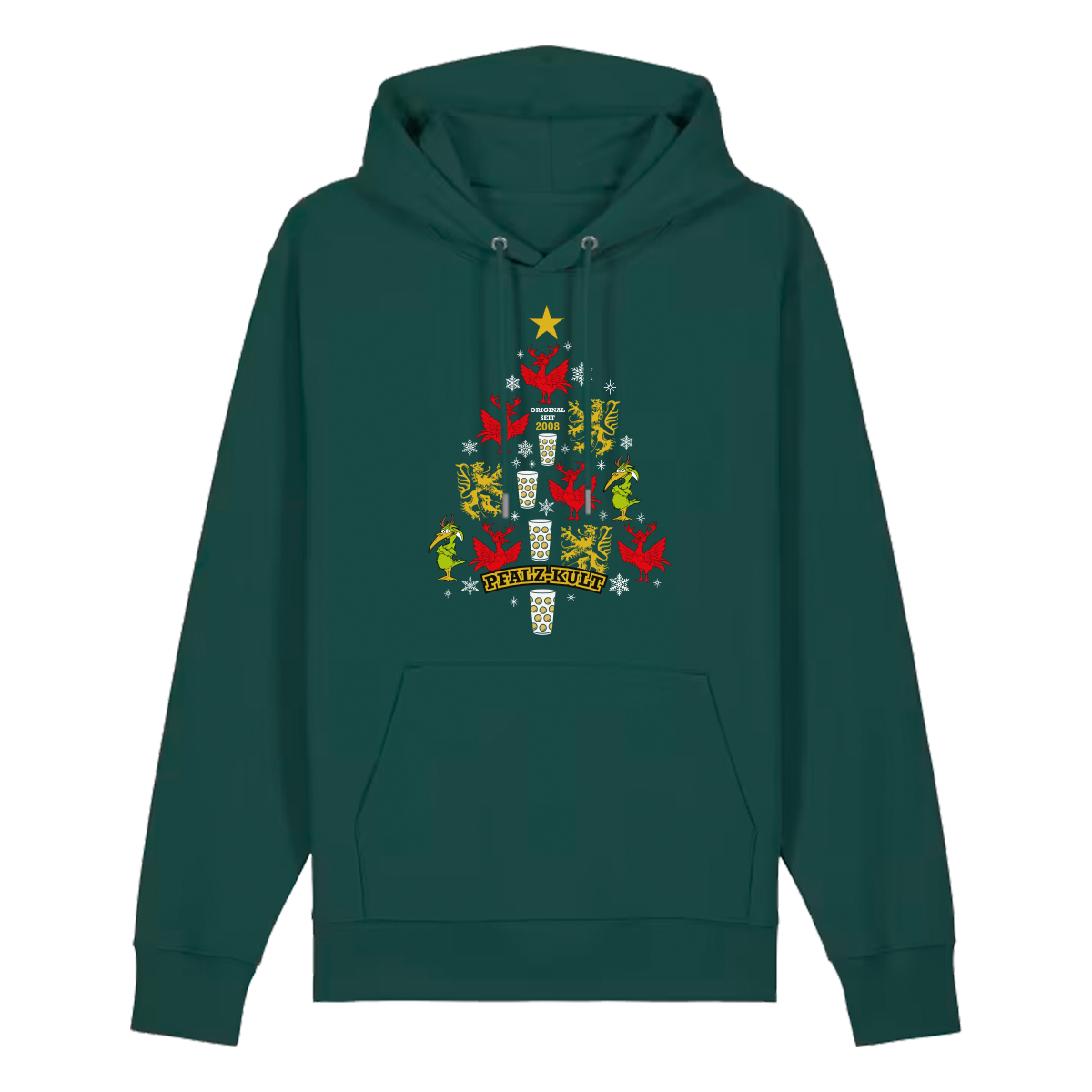 Dunkelgrüner Hoodie mit weihnachtlichem Pfalz-Kult Design in Baumform