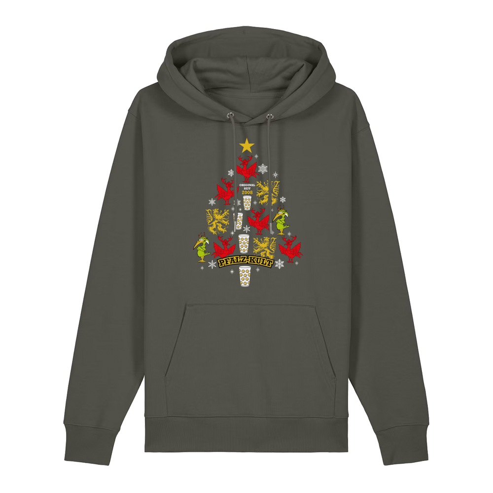 Khakifarbener Hoodie mit weihnachtlichem Pfalz-Kult Design in Baumform