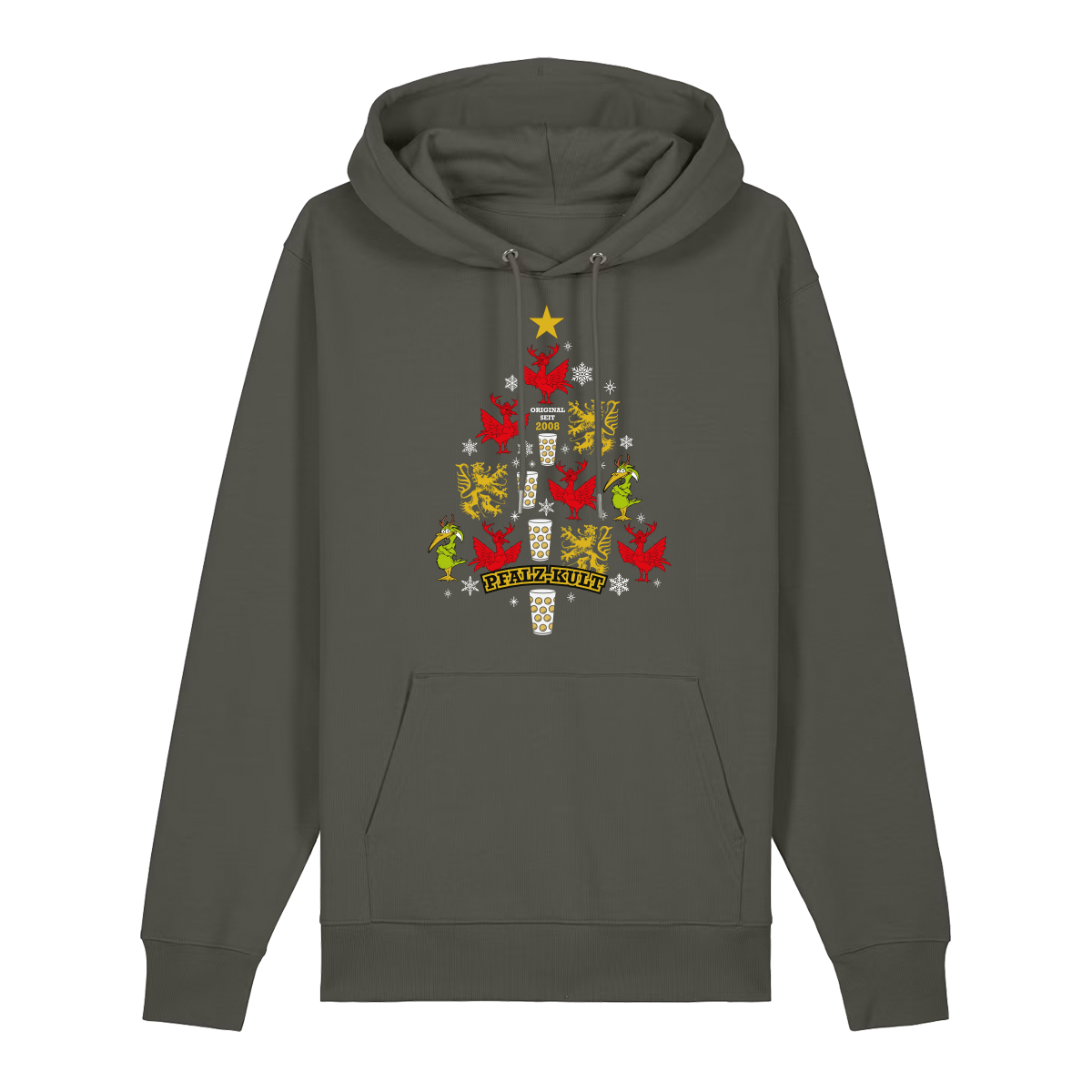 Khakifarbener Hoodie mit weihnachtlichem Pfalz-Kult Design in Baumform