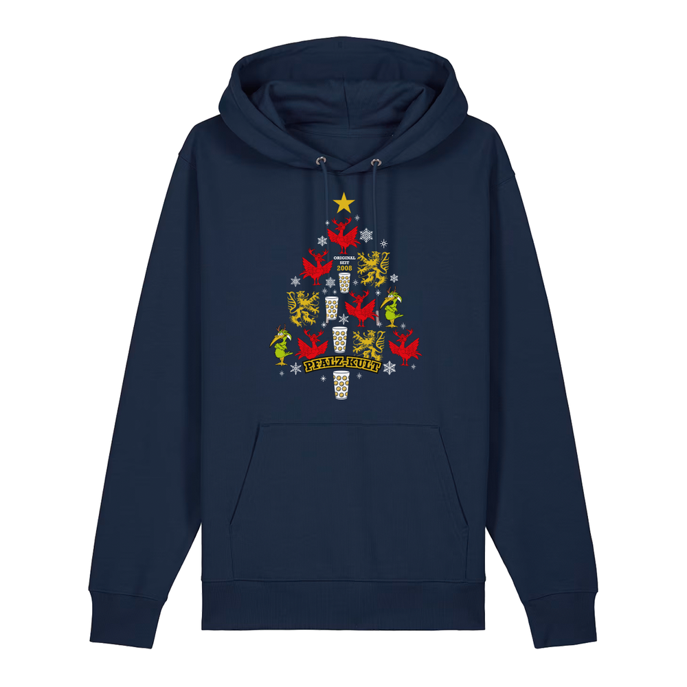 Dunkelblauer Hoodie mit weihnachtlichem Pfalz-Kult Design in Baumform