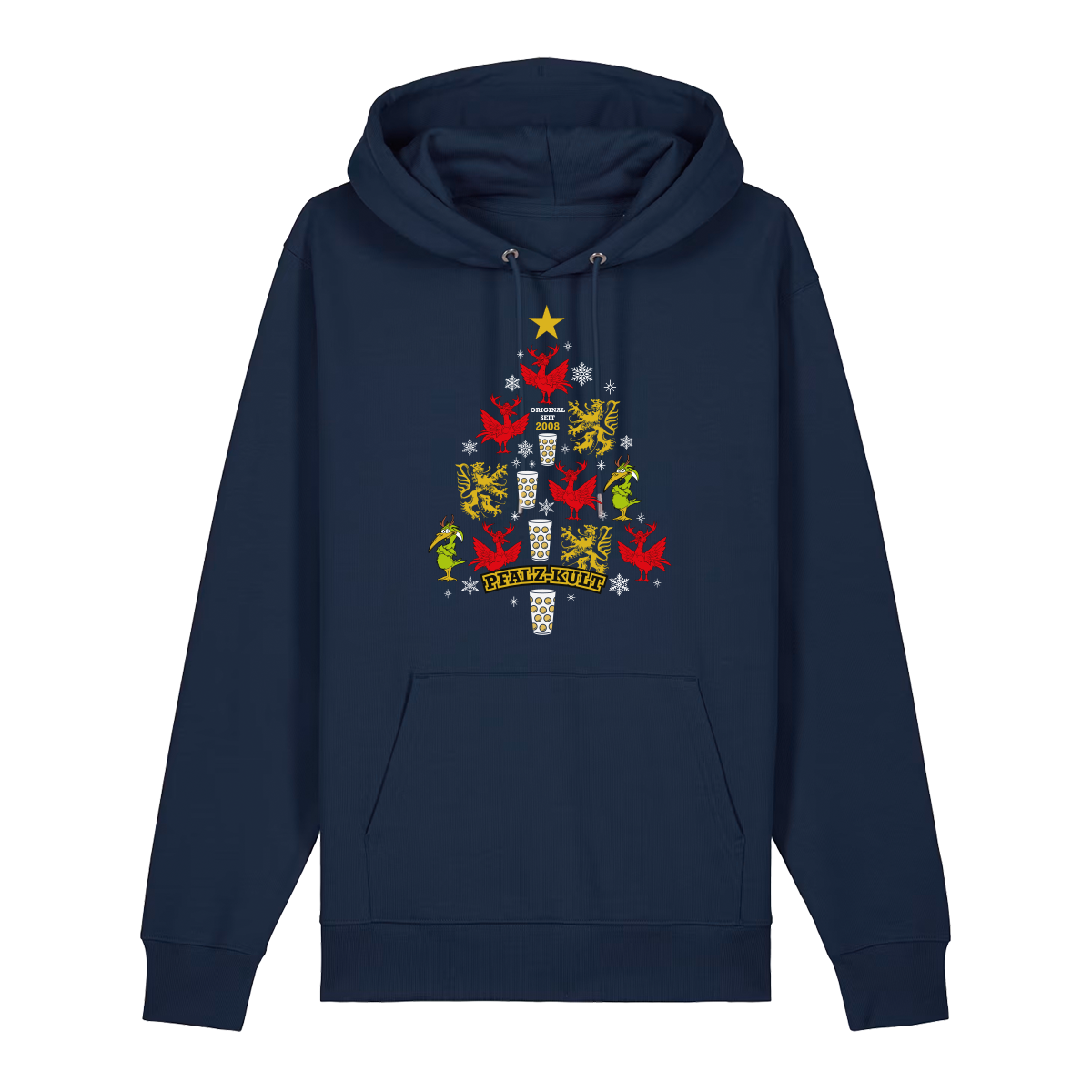Dunkelblauer Hoodie mit weihnachtlichem Pfalz-Kult Design in Baumform