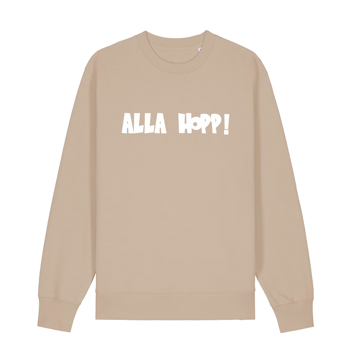 Sweater in beige mit weißem Aufdruck "Alla Hopp!". 
