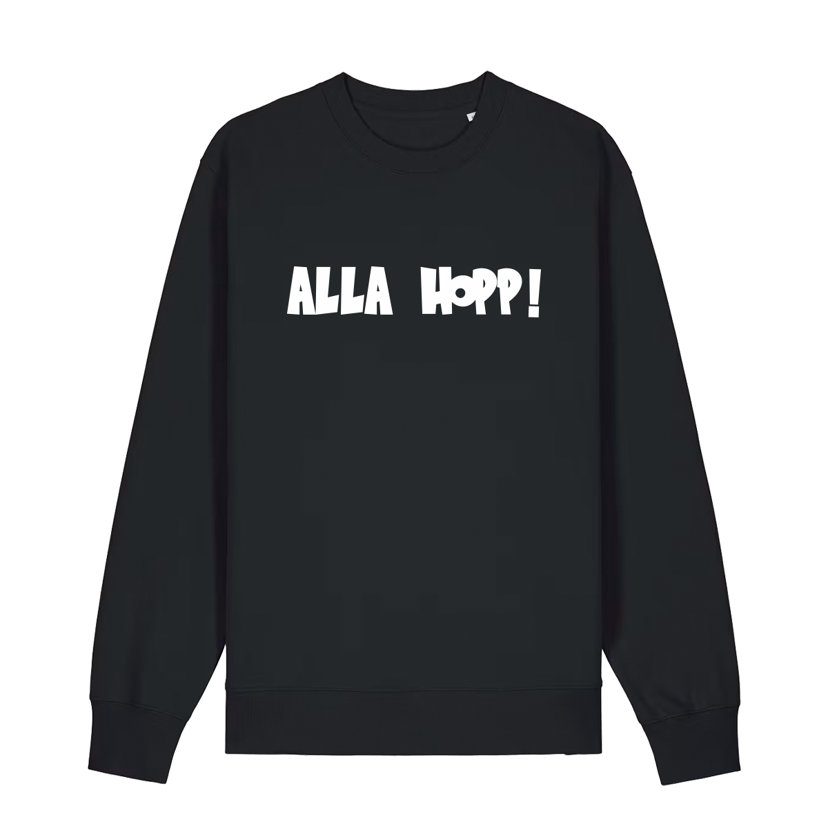 Sweater in schwarz mit weißem Aufdruck "Alla Hopp!". 