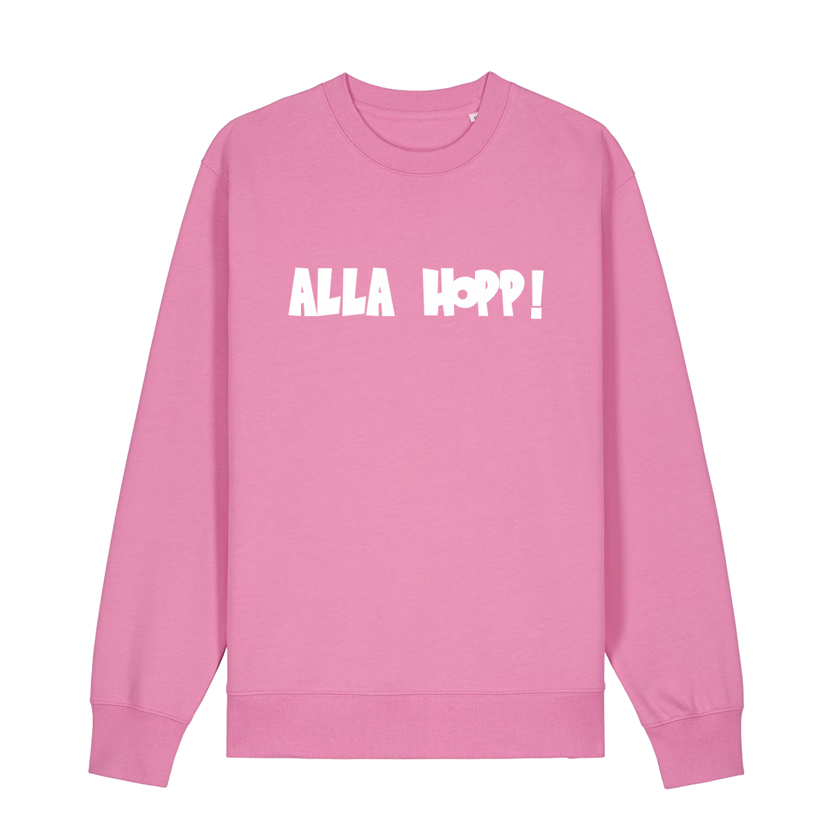 Sweater in bubbelpink mit weißem Aufdruck "Alla Hopp!". 