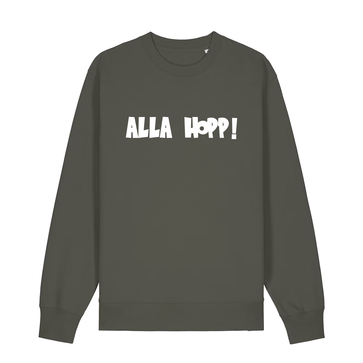 Sweater in khaki mit weißem Aufdruck "Alla Hopp!". 
