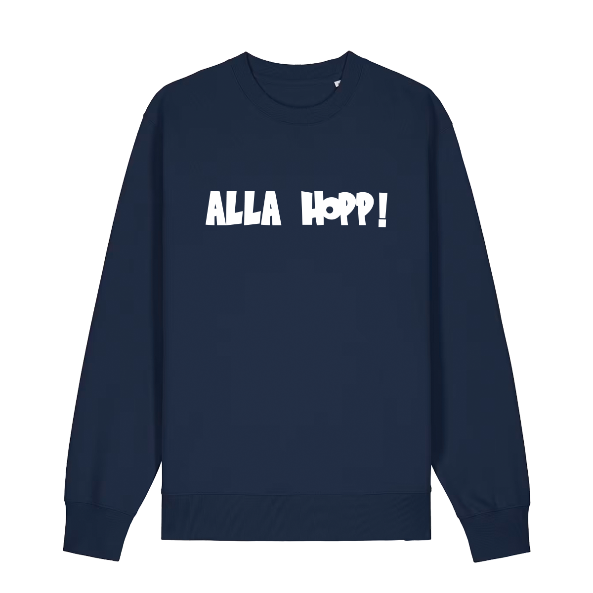 Sweater in navy mit weißem Aufdruck "Alla Hopp!". 