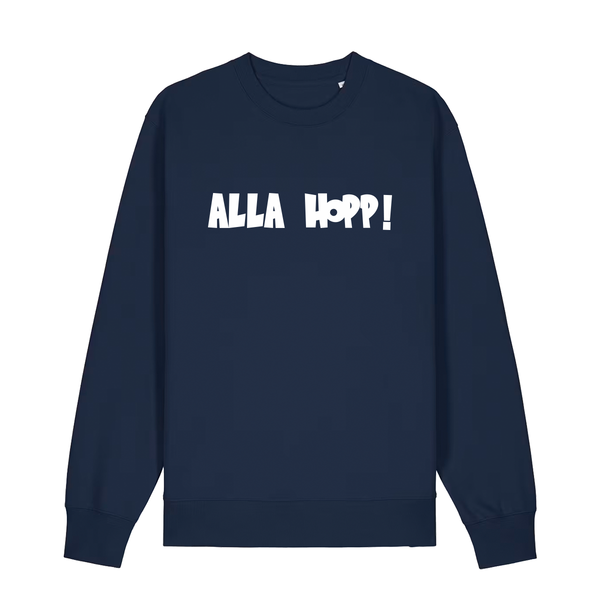 Sweater in navy mit weißem Aufdruck "Alla Hopp!". 
