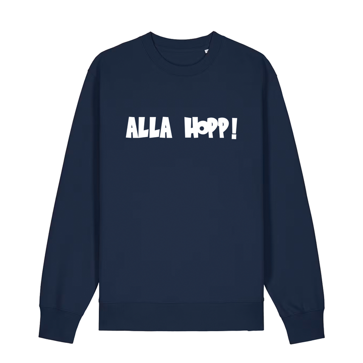 Sweater in navy mit weißem Aufdruck "Alla Hopp!". 