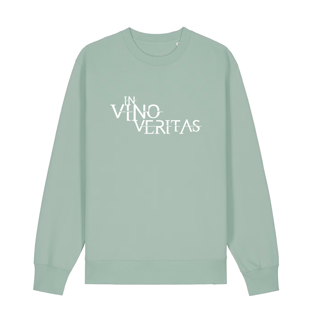 Sweater in aloe mit weißem Aufdruck "In Vino Veritas". 