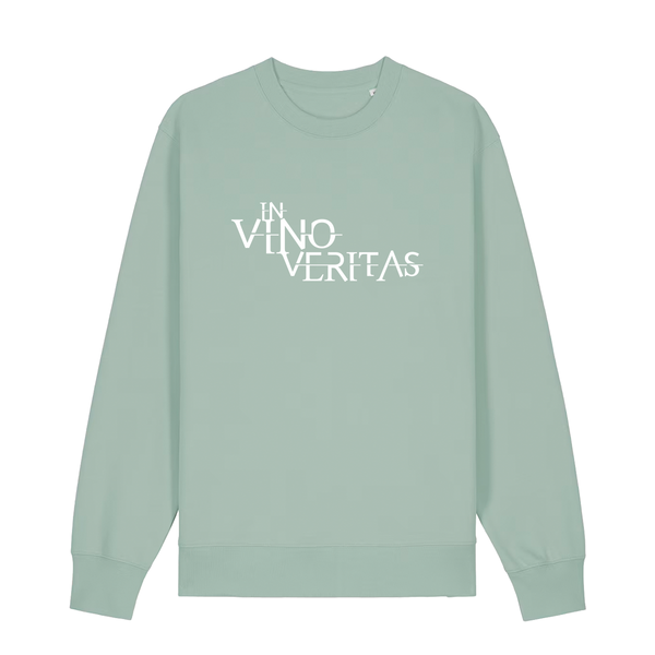 Sweater in aloe mit weißem Aufdruck "In Vino Veritas". 