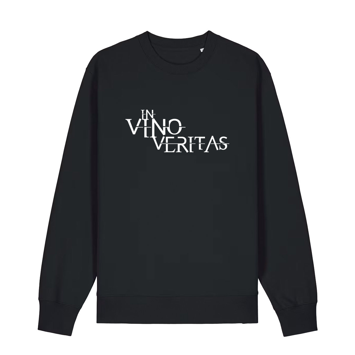 Sweater in schwarz mit weißem Aufdruck "In Vino Veritas". 
