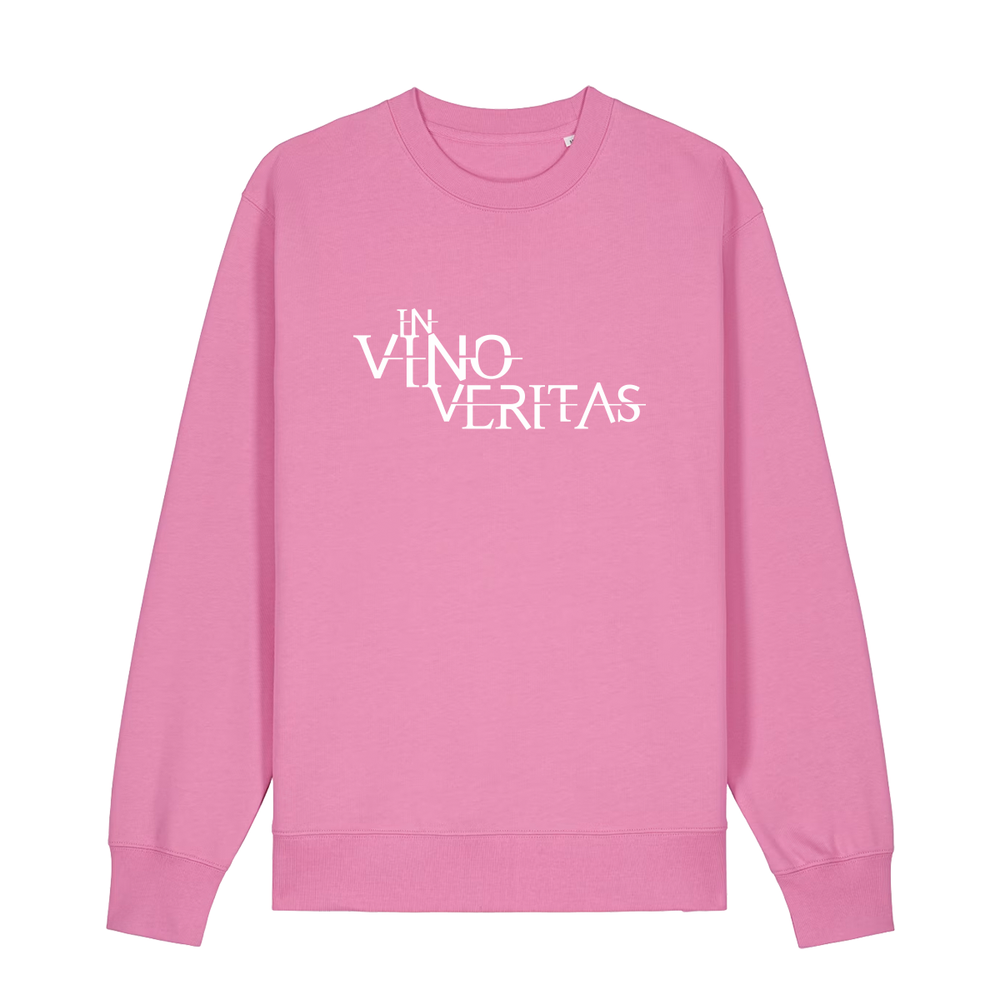 Sweater in bubbelpink mit weißem Aufdruck "In Vino Veritas". 