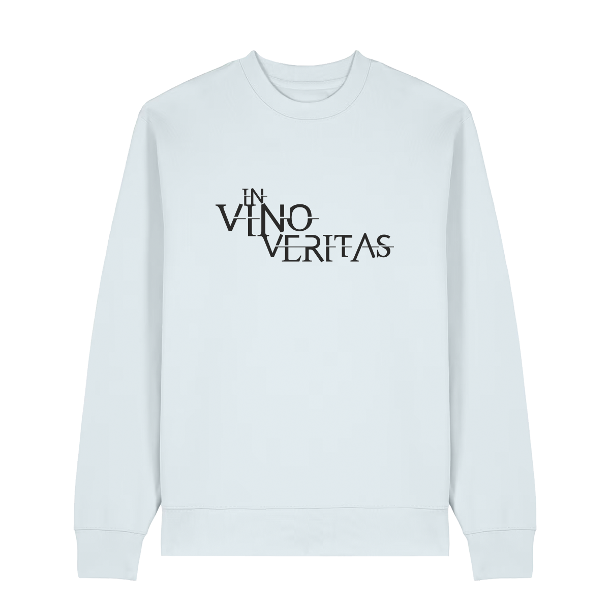 Sweater in eisblau mit schwarzem Aufdruck "In Vino Veritas". 