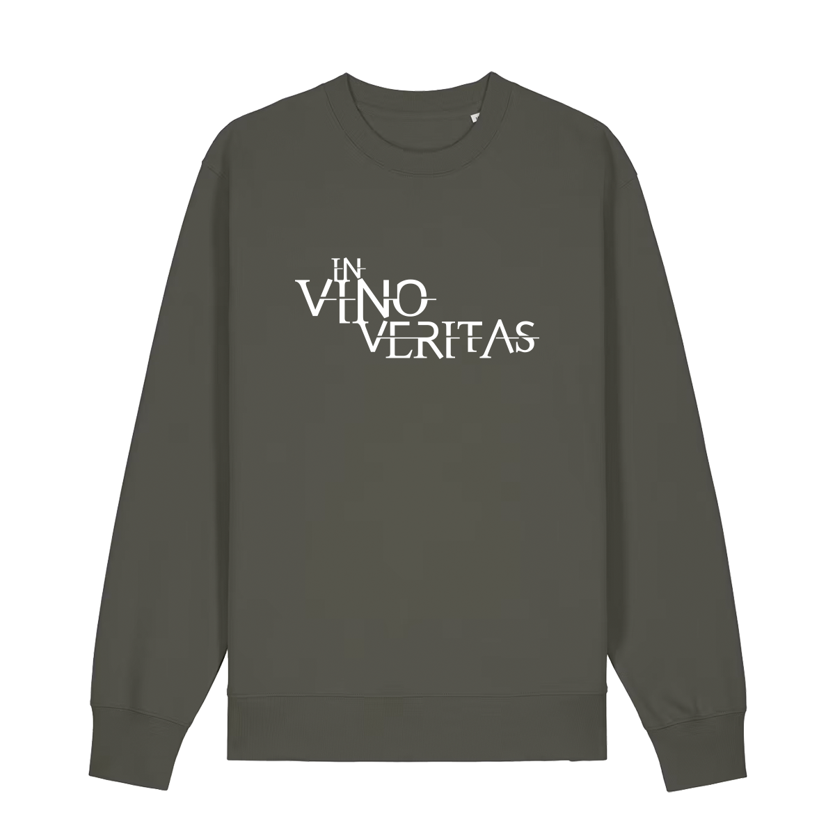 Sweater in khaki mit weißem Aufdruck "In Vino Veritas". 