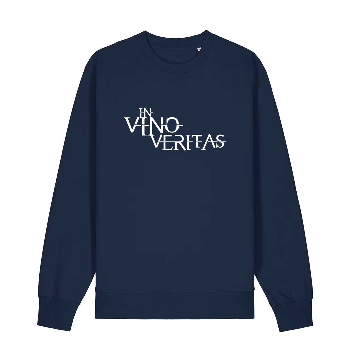 Sweater in navy mit weißem Aufdruck "In Vino Veritas". 