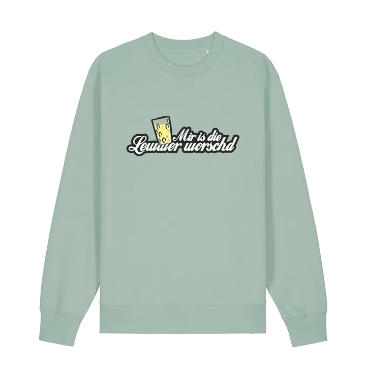 Sweater in aloe mit weißem Aufdruck "Mir is die Lewwer worschd mit einem Dubbeglas".