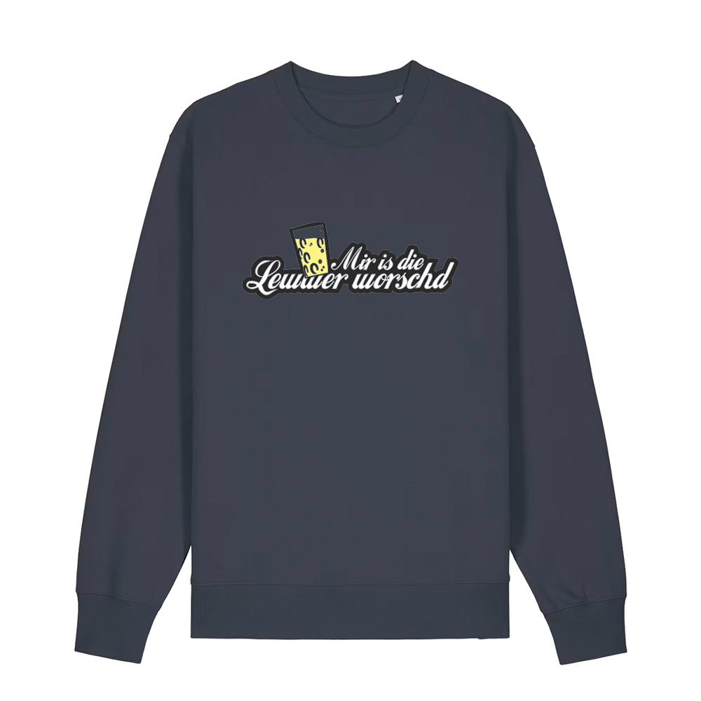 Sweater in anthrazit mit weißem Aufdruck "Mir is die Lewwer worschd mit einem Dubbeglas".