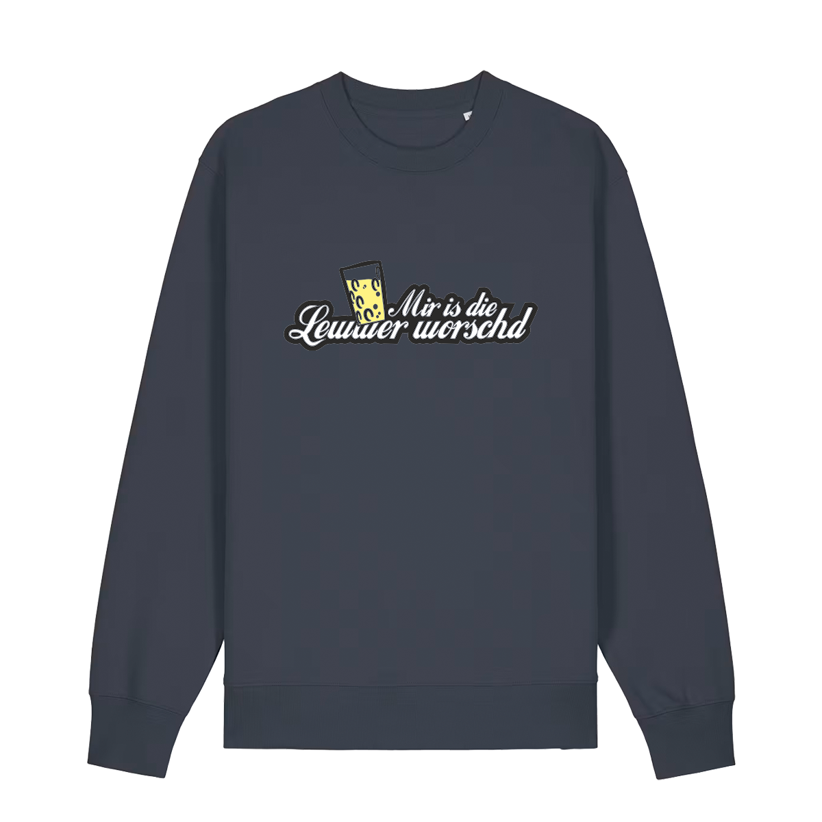 Sweater in anthrazit mit weißem Aufdruck "Mir is die Lewwer worschd mit einem Dubbeglas".