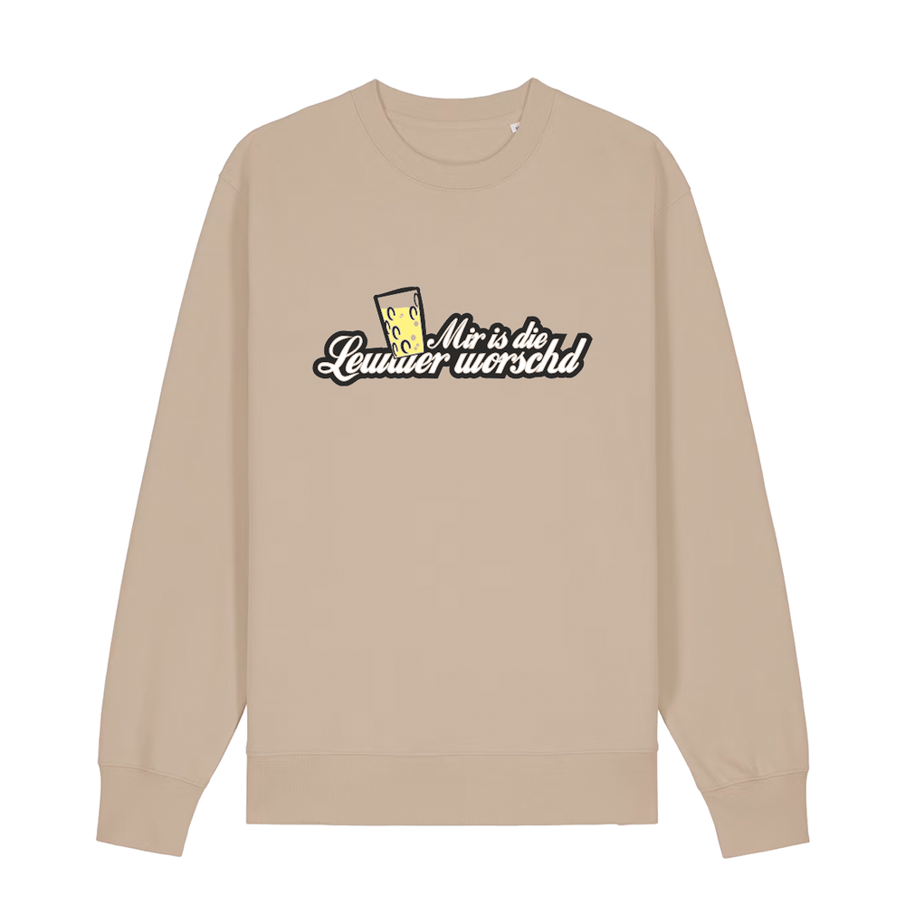 Sweater in beige mit weißem Aufdruck "Mir is die Lewwer worschd mit einem Dubbeglas". 