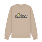 Sweater in beige mit weißem Aufdruck "Mir is die Lewwer worschd mit einem Dubbeglas". 