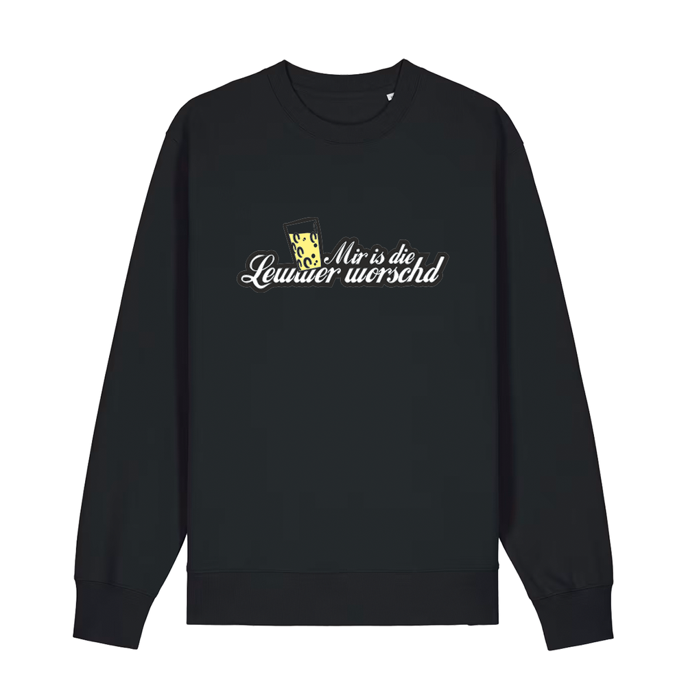 Sweater in schwarz mit weißem Aufdruck "Mir is die Lewwer worschd mit einem Dubbeglas". 