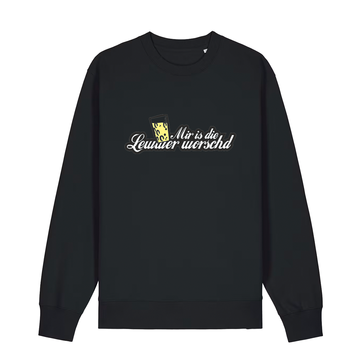 Sweater in schwarz mit weißem Aufdruck "Mir is die Lewwer worschd mit einem Dubbeglas". 
