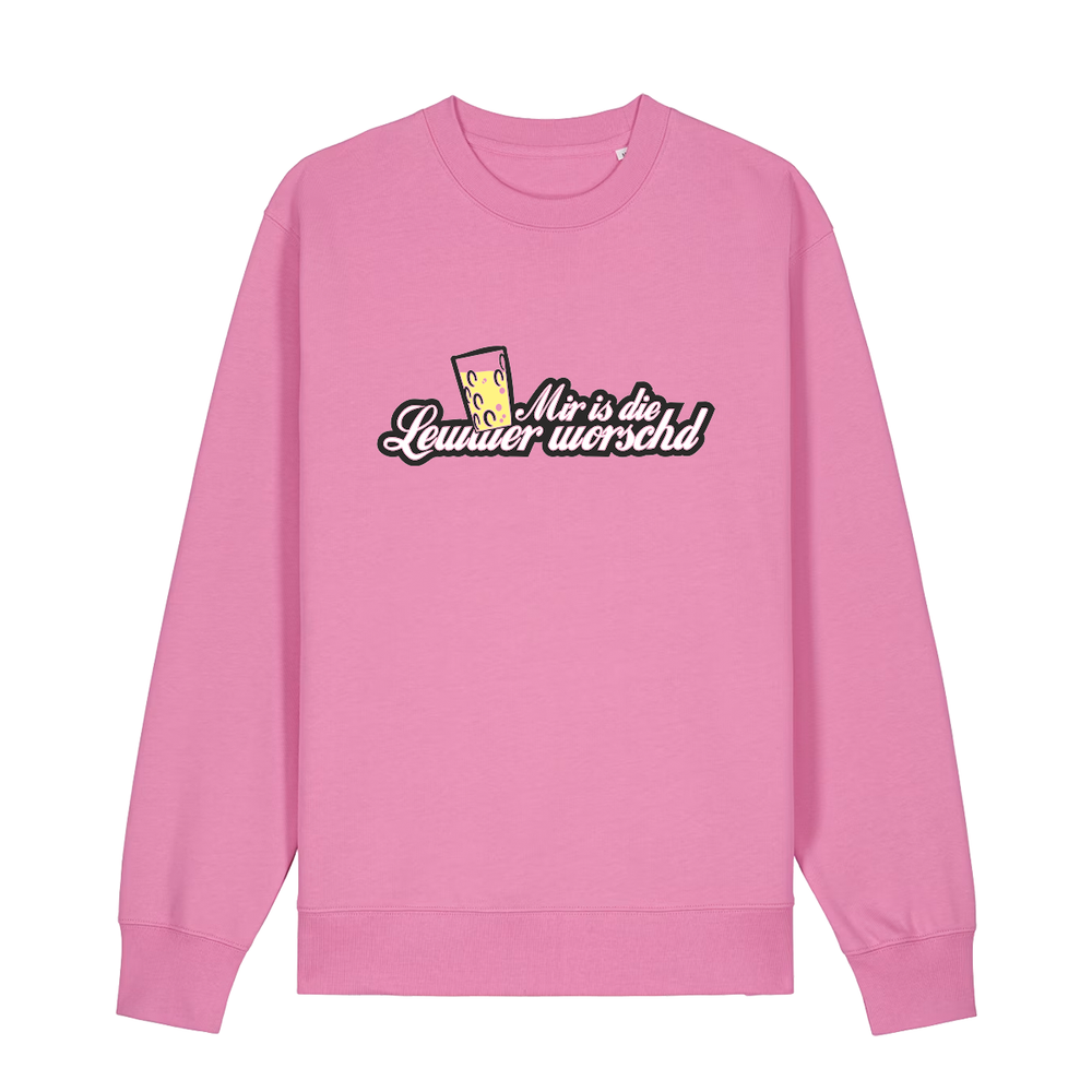 Sweater in bubbelpink mit weißem Aufdruck "Mir is die Lewwer worschd mit einem Dubbeglas".