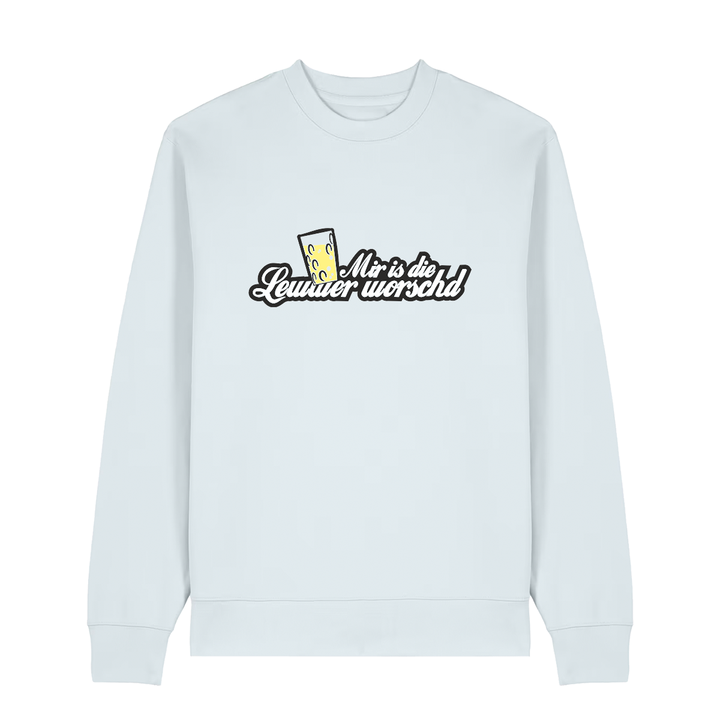 Sweater in eisblau mit weißem Aufdruck "Mir is die Lewwer worschd mit einem Dubbeglas".