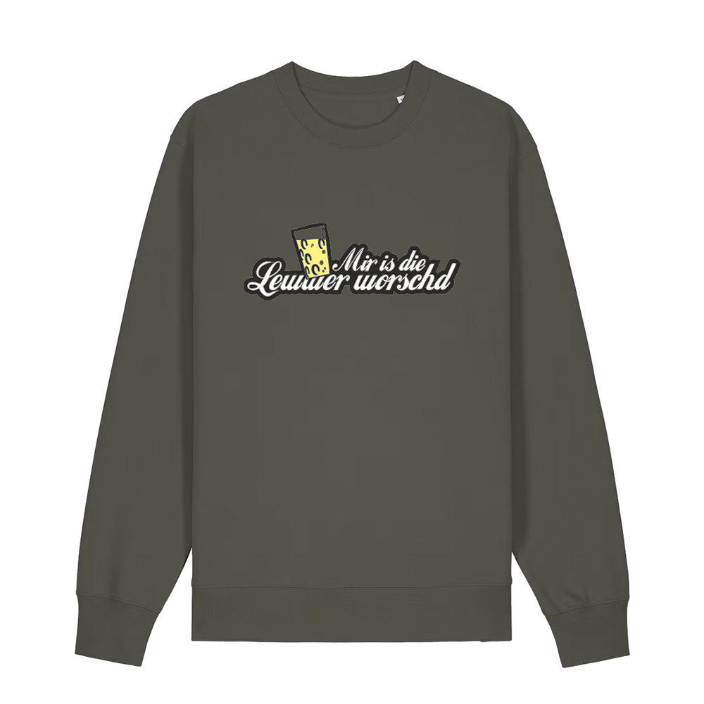 Sweater in khaki mit weißem Aufdruck "Mir is die Lewwer worschd mit einem Dubbeglas".