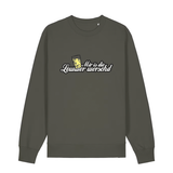 Sweater in khaki mit weißem Aufdruck "Mir is die Lewwer worschd mit einem Dubbeglas".
