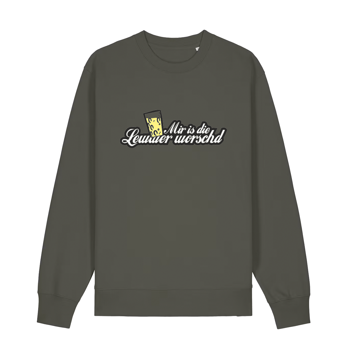 Sweater in khaki mit weißem Aufdruck "Mir is die Lewwer worschd mit einem Dubbeglas".